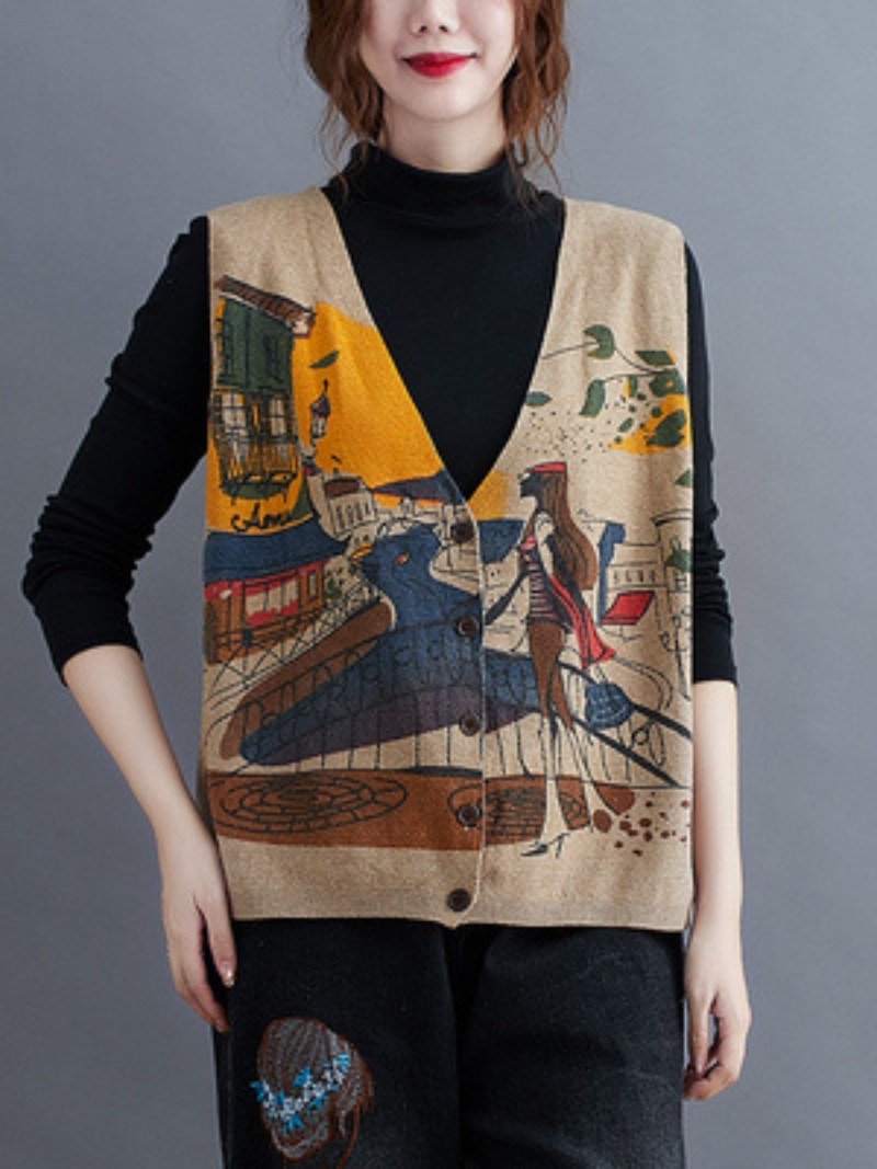 Women's Printing Sleeveless knitted Vest Sweater Cardigan Jacket