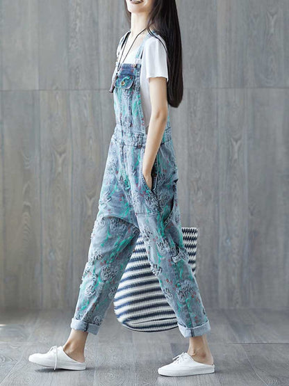 Dungarees cotton denim ripped jeans floral vintage retro style overall