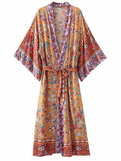 Evatrends cotton gown robe printed kimonos, Outerwear, cotton, Nightwear, plant flowers, long kimono, long Sleeves, floral print, loose fitting, printed, Belted