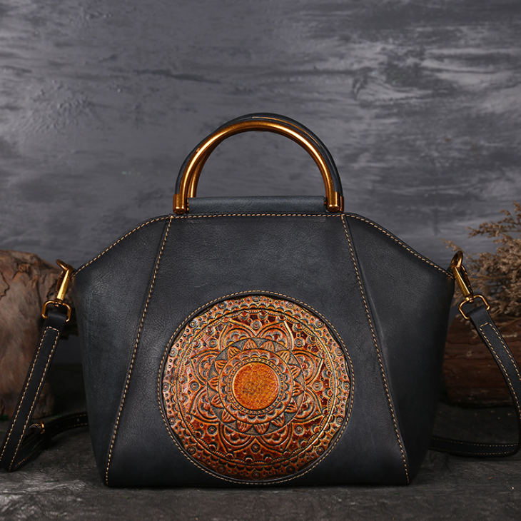 Genuine Totem Embossed Leather Retro Handbag