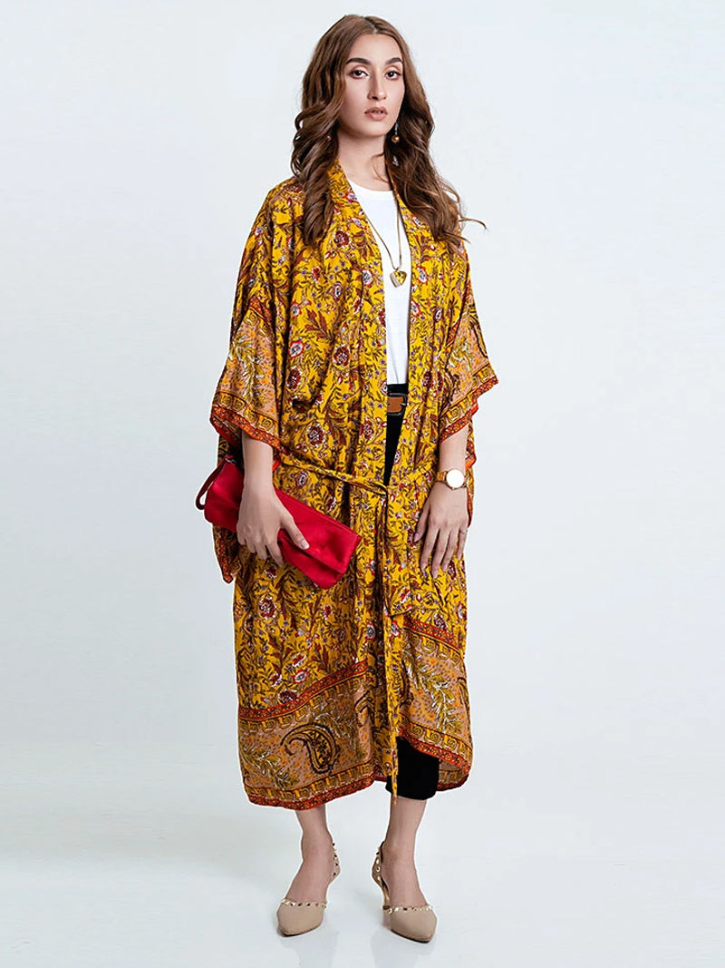 Evatrends cotton gown robe printed kimonos, Outerwear, cotton, Nightwear, long kimono, Board Sleeves, loose fitting, Floral Print with birds print, Belted