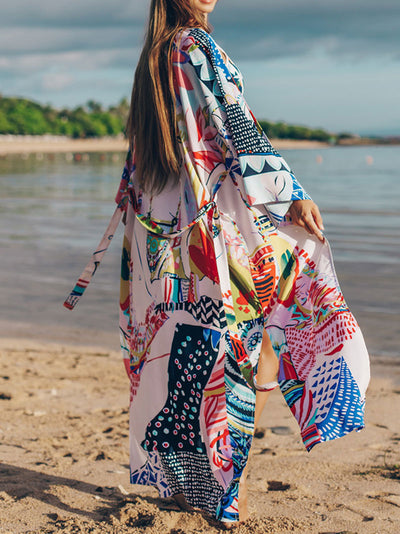 Evatrends cotton gown robe printed kimonos, Outerwear, Cotton, Nightwear, Broad sleeves with armpit opening, long kimono, Board Sleeves, multiolor, loose fitting, Printed, fashion show, kimono, floral Printed with doll print on back