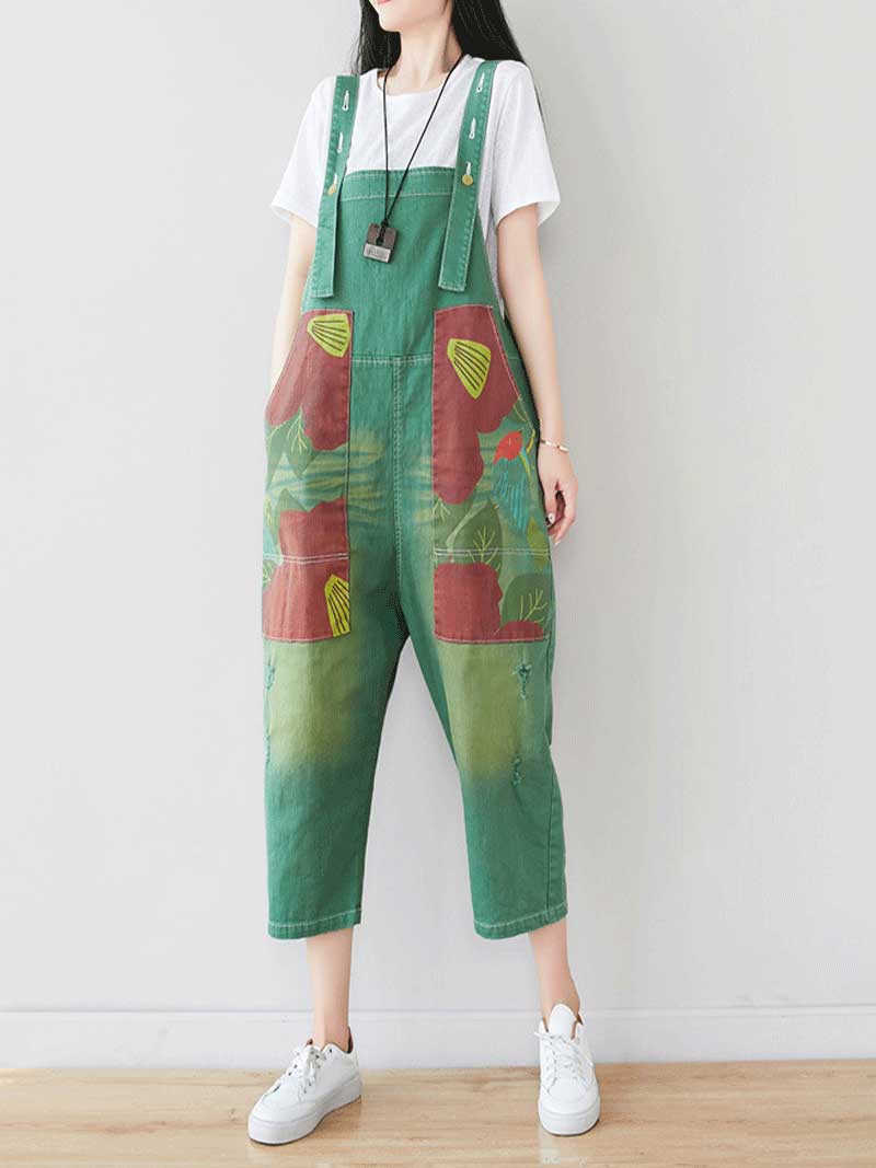 Dungarees cotton denim ripped jeans floral vintage retro style overall