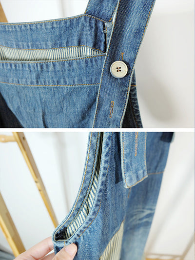 Dungarees cotton denim ripped jeans floral vintage retro style overall, Back and side pockets