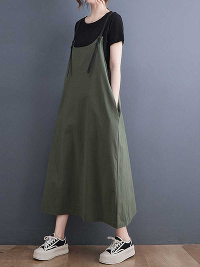 Plain Green and Black Hemp Material Salopette Dress