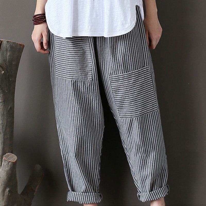 Femmes Stripe Elastic Taist Casual Loose Pantal