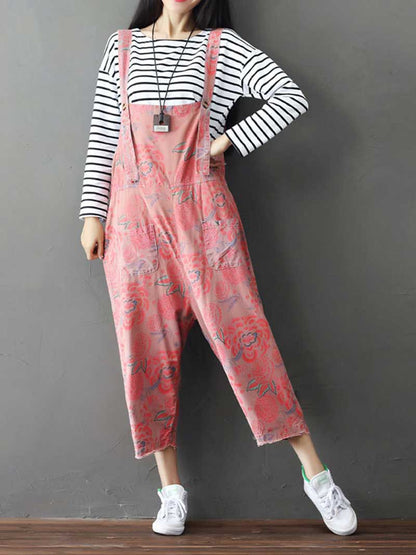 Dungarees cotton denim Printed ,vintage retro style overall, Adjustable straps, double side pockets, comfortable overall, Floral cropped overall