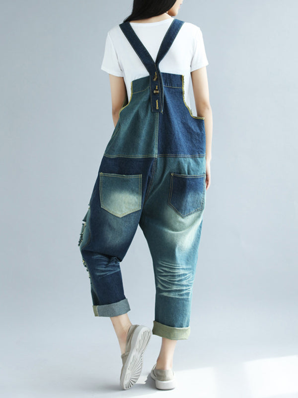Dungarees, cotton denim, ripped jeans, vintage retro style overall, Ripped, pockets, Short sleeves