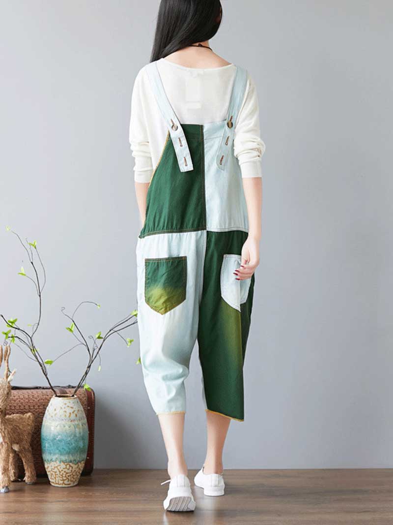 Colorblock Patch Cotton Overalls with Cropped Trousers