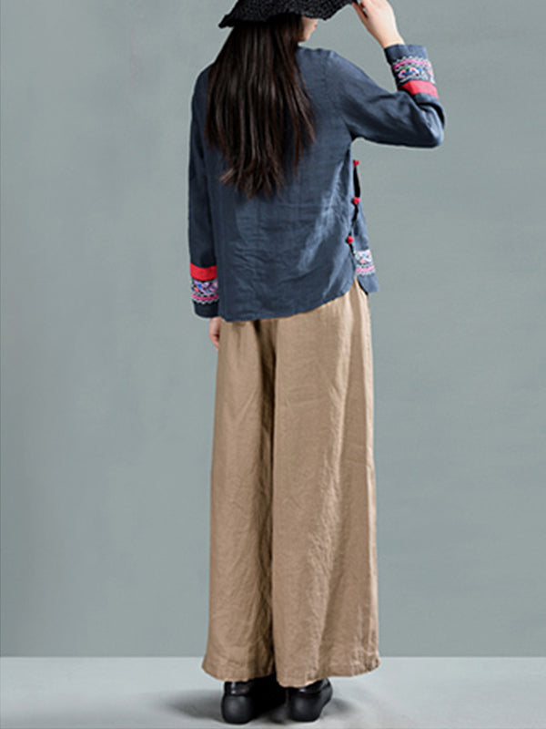 بنطلون Harriett Vintage كاجوال من الكتان بخصر مطاطي وساق واسعة وجيوب