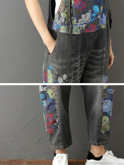 Dungarees cotton denim ripped jeans floral vintage retro style overall