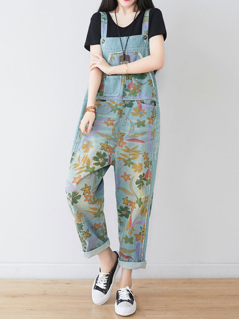 Dungarees cotton denim, floral, vintage retro style overall, Printed