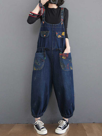 Denim Print Nine-Point Pants High Waist Overalls Dungaree