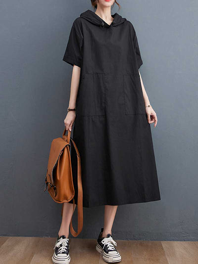 Hooded Plain Double Side Pocket Mid Dress