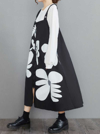 Cotton Floral Black Slope Midi Dress