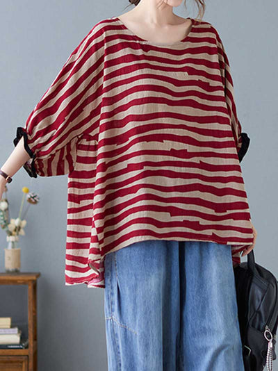 Stripes Print Round-Neck Doll Sleeves Top