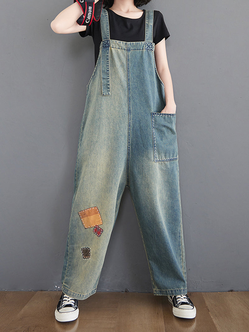 Dungarees cotton denim ripped jeans floral vintage retro style overall
