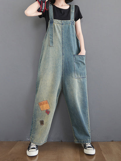 Dungarees cotton denim ripped jeans floral vintage retro style overall