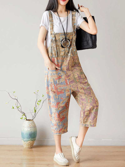 Dungarees, cotton denim, vintage retro style, overall, Cotton 71%-80%, Cropped Pant, Adjustable Straps, Non-Stretchable, Printed