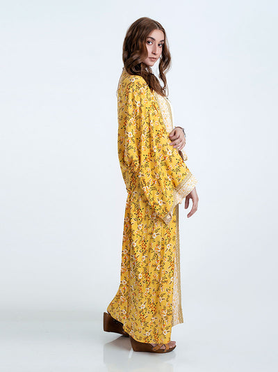 Evatrends cotton gown robe printed kimonos, Outerwear, Cotton, Viscose, Nightwear, Bordered trim, sleeves & bottom, long kimono, Kimono Broad sleeves with armpit opening, loose fitting,  Floral print