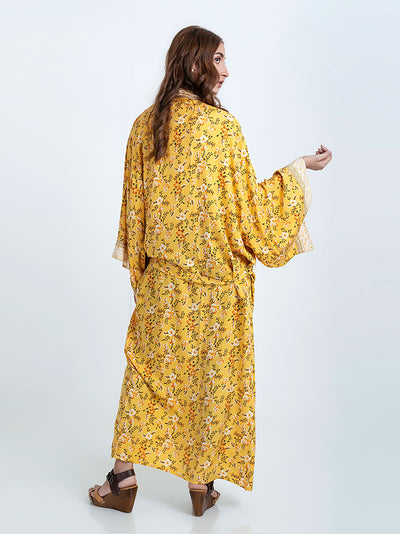 Evatrends cotton gown robe printed kimonos, Outerwear, Cotton, Viscose, Nightwear, Bordered trim, sleeves & bottom, long kimono, Kimono Broad sleeves with armpit opening, loose fitting,  Floral print