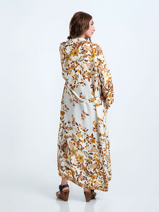 Evatrends cotton gown robe printed kimonos, Outerwear, cotton, Nightwear, long kimono, Board Sleeves, Double pocket, loose fitting, Floral print, Belted