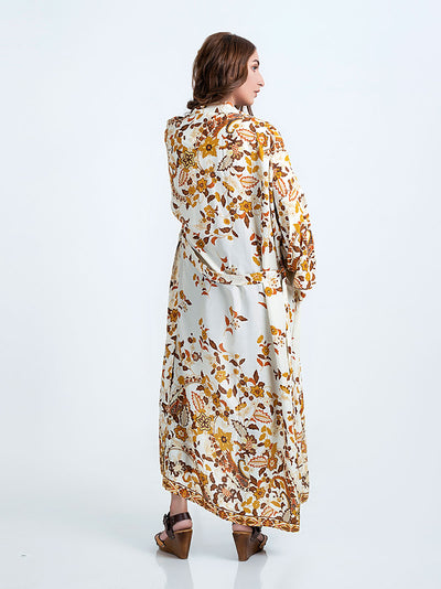 Evatrends cotton gown robe printed kimonos, Outerwear, cotton, Nightwear, long kimono, Board Sleeves, Double pocket, loose fitting, Floral print, Belted