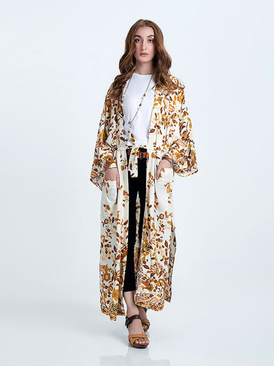 Evatrends cotton gown robe printed kimonos, Outerwear, cotton, Nightwear, long kimono, Board Sleeves, Double pocket, loose fitting, Floral print, Belted