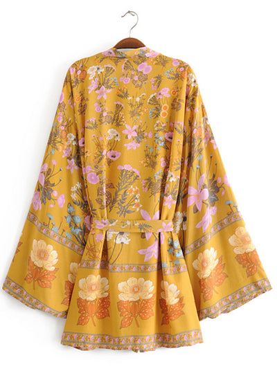 Evatrends cotton gown robe printed kimonos, Outerwear, Cotton, Nightwear, Short kimono, Long sleeves, Broad Sleeves, Yellow, loose fitting, Printed, Belted, Floral