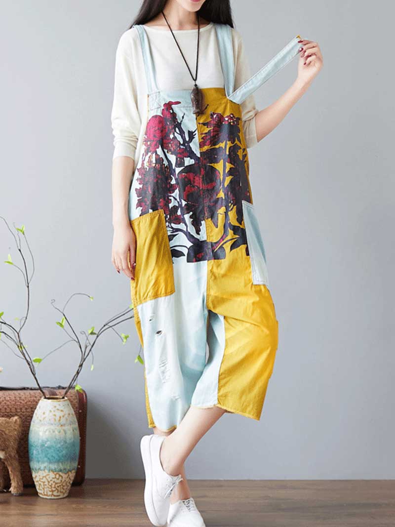 Colorblock Patch Cotton Overalls with Cropped Trousers