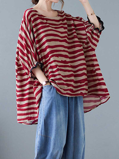 Stripes Print Round-Neck Doll Sleeves Top