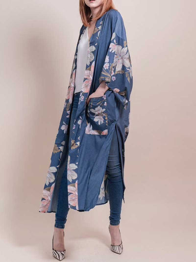 Evatrends cotton gown robe printed kimonos, Outerwear, Cotton, Viscose & Silk Mix, Nightwear, long kimono, Long Sleeves, loose fitting, Floral print, Big Bird on back Belted,