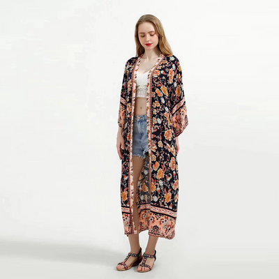 Evatrends cotton gown robe printed kimonos, Outerwear, Cotton, V-Collar, Nightwear, long kimono, long Sleeves, loose fitting, floral print, Belted