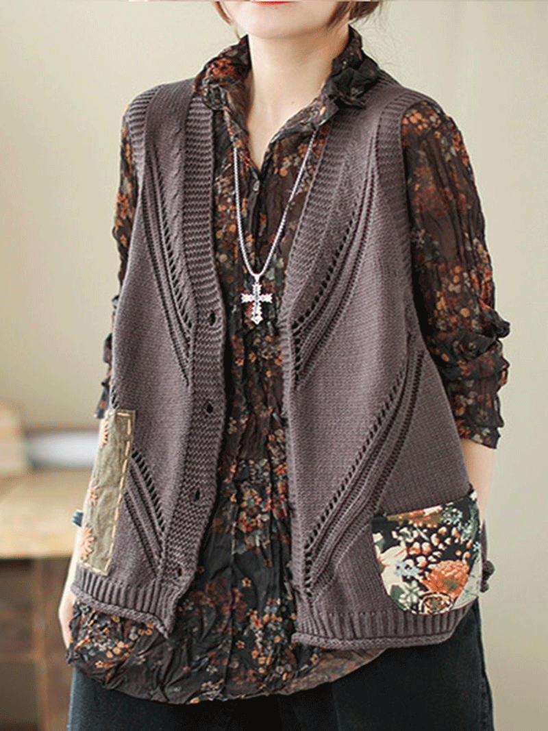 Saturday Night Patch Cotton Knitted Vest Women Sweater Cardigan