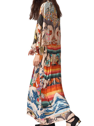 Evatrends cotton gown robe printed kimonos, Outerwear, Polyester, chiffon, Nightwear, long kimono, long Sleeves, loose fitting, Floral, Girl Print, belted