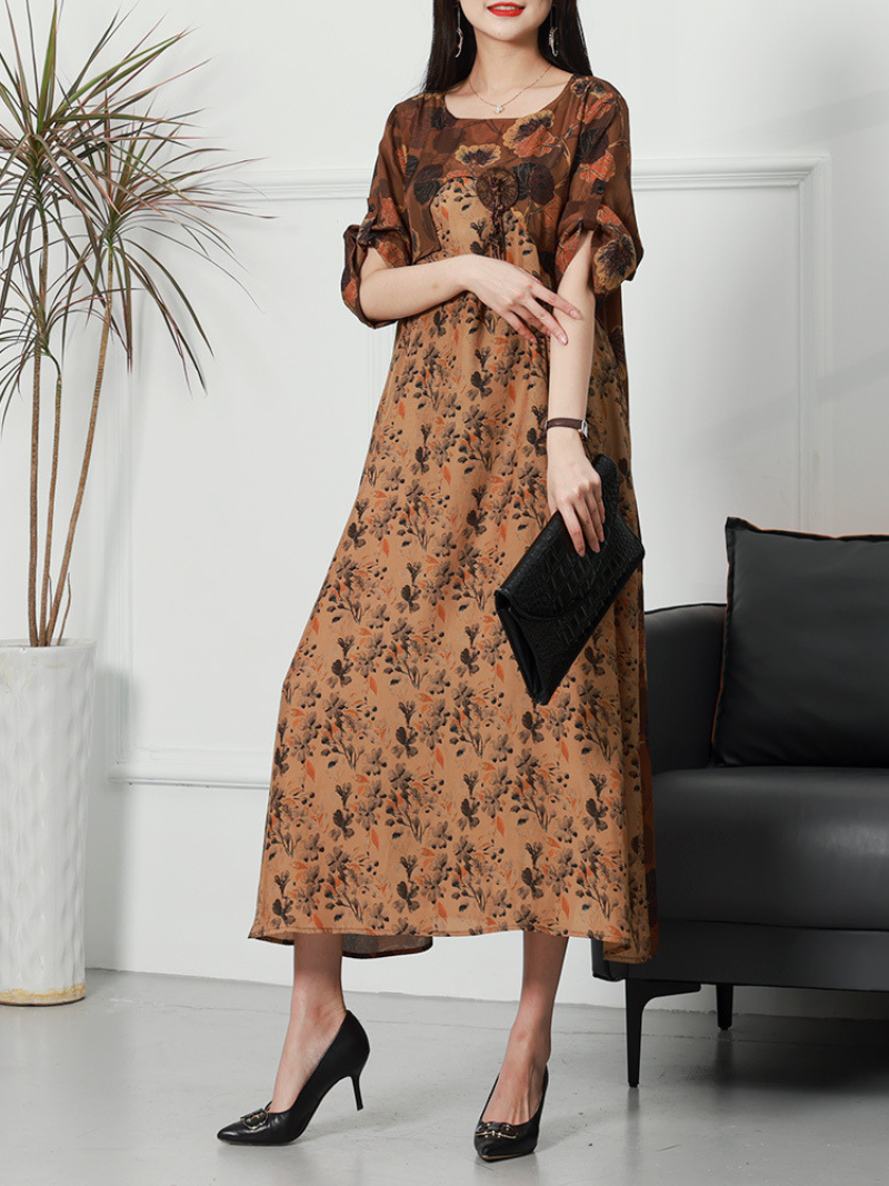 Women's Casual Printed Flower Short Sleeved Loose Waist Midi Dress