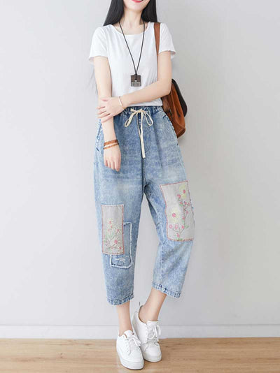 Evatrends Denim Pants, Bottom, Double side Pockets, Elastic Waist, Baggy Pants, Cropped Pant, Floral print