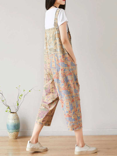 Dungarees, cotton denim, vintage retro style, overall, Cotton 71%-80%, Cropped Pant, Adjustable Straps, Non-Stretchable, Printed