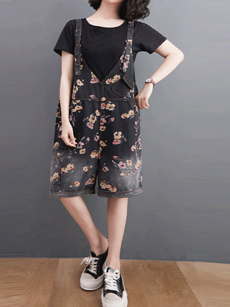 Knee-Length Floral Denim Dungaress - Deep V Bib Design