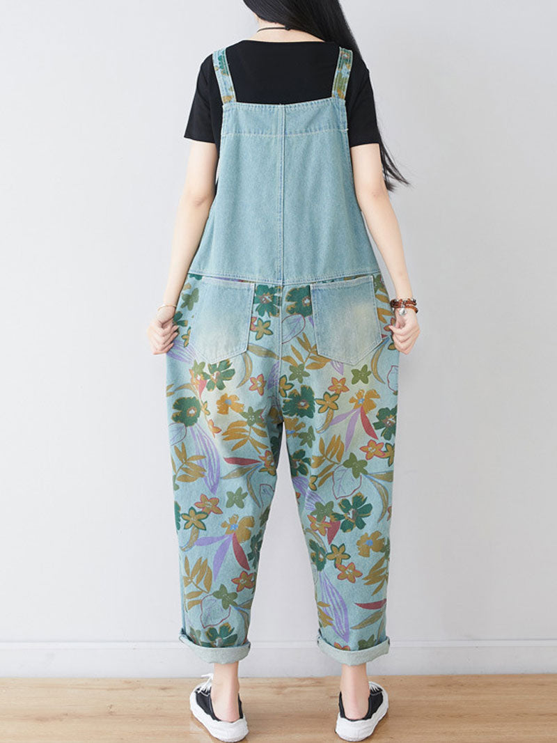 Dungarees cotton denim, floral, vintage retro style overall, Printed