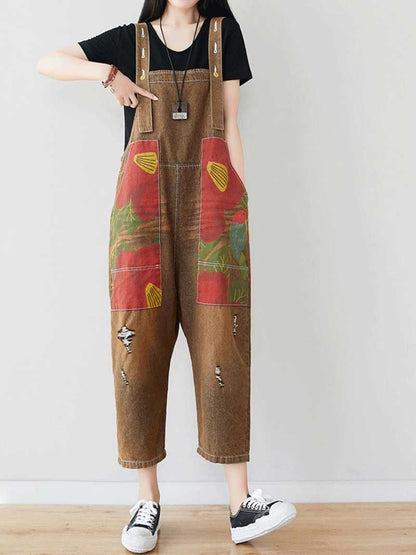 Dungarees cotton denim ripped jeans floral vintage retro style overall
