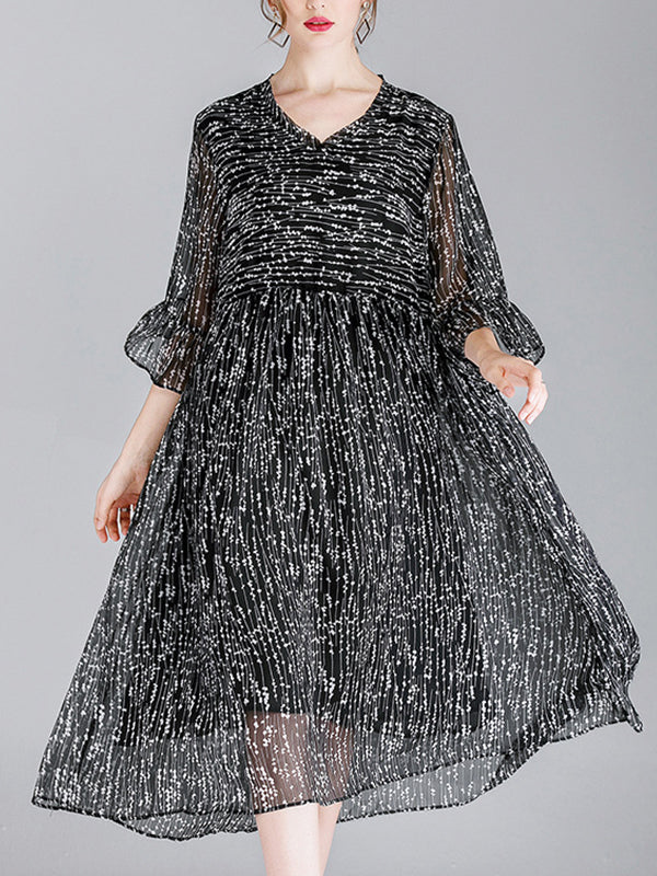 Luisa Vintage Contrasting Vestido midi de cintura floral con cuello en V con mangas de campana