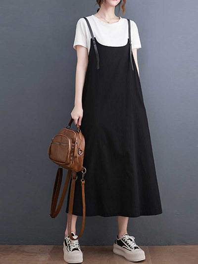 Plain Green and Black Hemp Material Salopette Dress