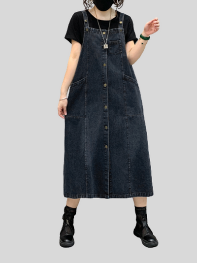 Women's Denim Midi-Length Over-The-Knee Casual Salopette Dress