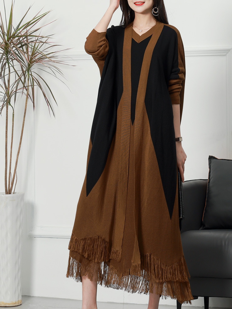 Women's Pure Polyester V-neck Knitted Cardigan Long Sleeves Midi-Dress