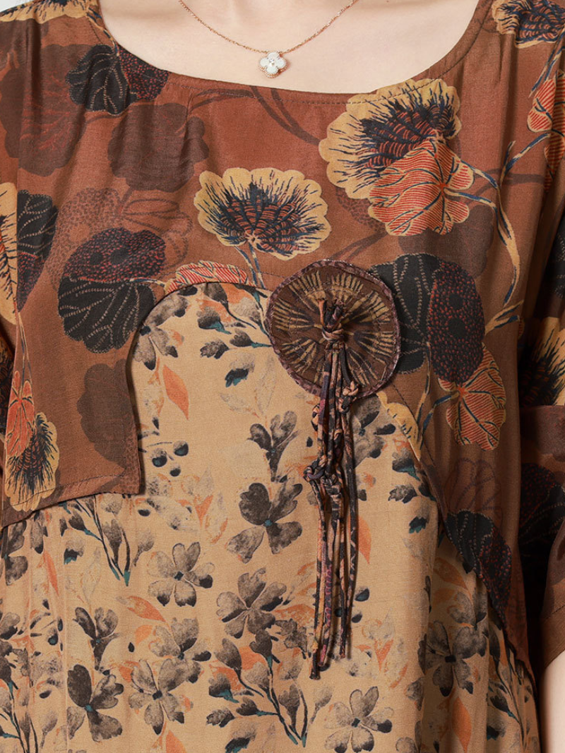 Women's Casual Printed Flower Short Sleeved Loose Waist Midi Dress