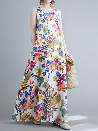 Sleeveless Cotton Floral A-Line Dress