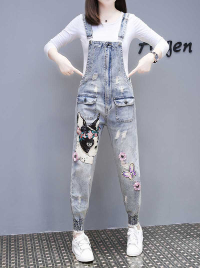 Dungarees cotton denim jeans ,vintage retro style overall, Adjustable straps, Printed. Double side pockets, Cat print