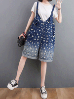 Knee-Length Floral Denim Dungaress - Deep V Bib Design