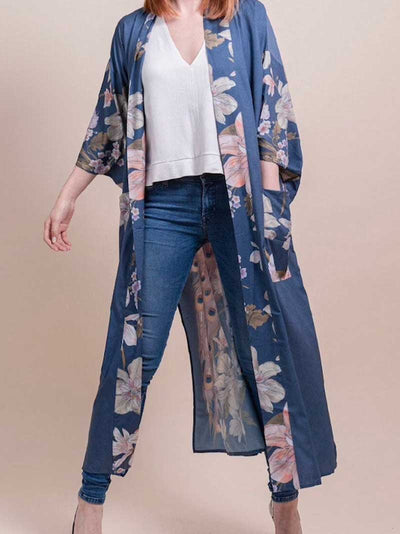 Evatrends cotton gown robe printed kimonos, Outerwear, Cotton, Viscose & Silk Mix, Nightwear, long kimono, Long Sleeves, loose fitting, Floral print, Big Bird on back Belted,